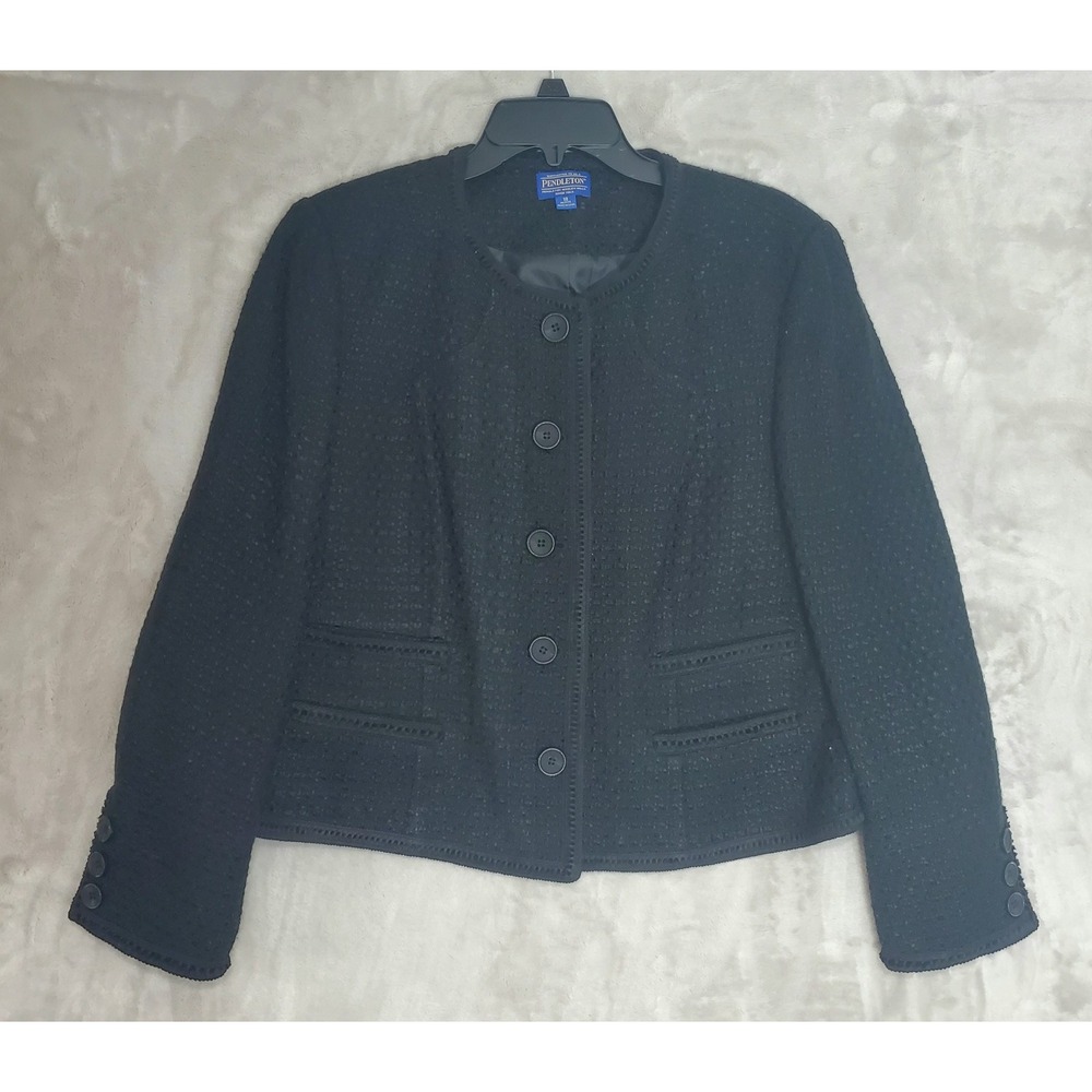 Pendleton Women's 18 P Black Wool Blend‎ Button Down Lined Blazer Coat Old Money